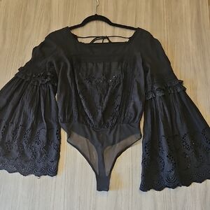 Free People Elegant Black Lace Women Bodysuit